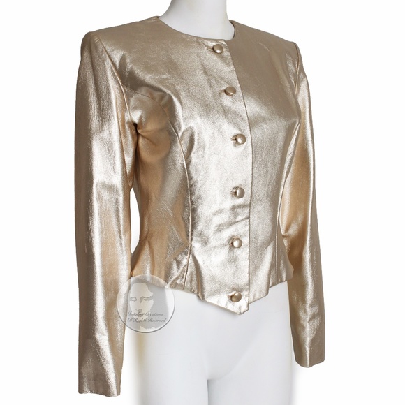 Vicky Tiel Couture Jacket Metallic Gold Leather Formal Evening Vintage Size 42 - Picture 3 of 8